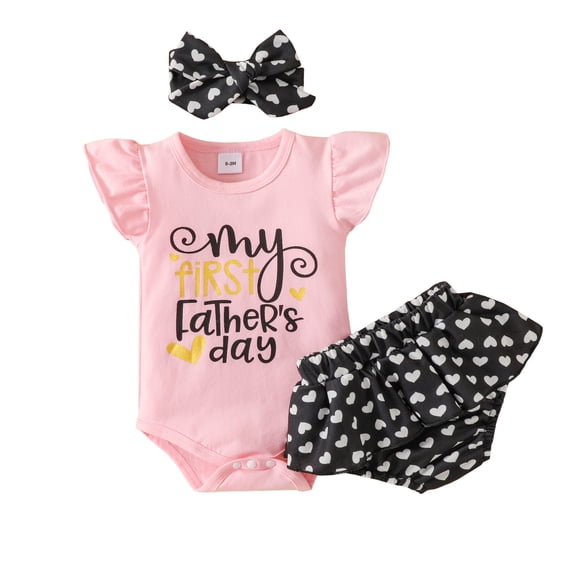 Youmylove Girls Fly Sleeve Letter Romper Bodysuit Heart Shaped Prints Shorts Outfits Toddler Girl Clothes