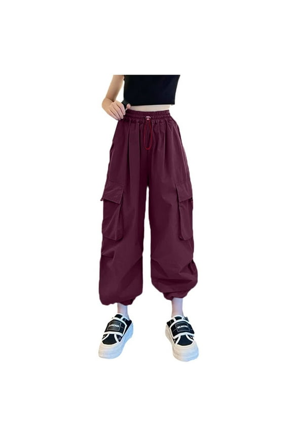 Girls High Waist Wide Leg Cargo Pants Fashion Kids Summer Casual Cargo Trousers Solid Color Loose Sweatpants For Sports Activewear Kids Pants with Pockets Trendy Jogger Trousers