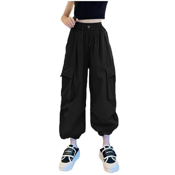Youmylove Girls High Waist Wide Leg Cargo Pants Fashion Kids Summer Casual Cargo Trousers Solid Color Loose Sweatpants For Sports Activewear Kids Stretchy Cargo Jogger Pants