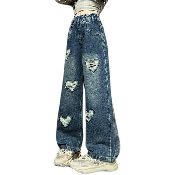 Youmylove Girls Jeans Wide Leg High Waist Heart Pants Casual Baggy Trouser for Kids Fashion Ripped Jeans Washed Demin Pants Trousers Casual Baggy Trouser 10-12 Years