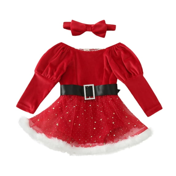 Youmylove Girls Long Sleeve Christmas Romper Star Tulle Bodysuits Dress Headbands Set Toddler Jumpsuits Clothing Playwear