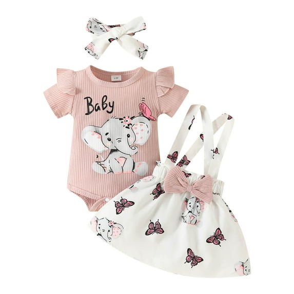 Youmylove Girls Short Sleeve Ribbed Cartoon Prints Romper Bodysuit Suspenders Skirts Headbands Outfits Toddler Girl Clothes
