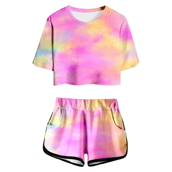 Youmylove Girls Summer Clothes 2 Piece Tie Dye Outfit Short Sleeve T-Shirt And Shorts Set With Pockets Casual Outfit For Teens Stylish Comfot Clothing For 8-9 Years