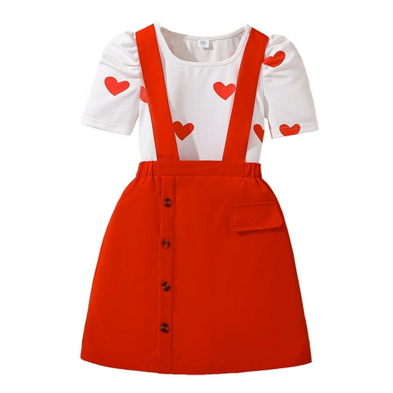 Youmylove Girls Summer Clothing Sets Sweet Heart Shaped Short Sleeve Top Suspenders Skirt Set Kids Fashion 2 Piece Outfits Fashion Clothing For Girl For 7-8 Years
