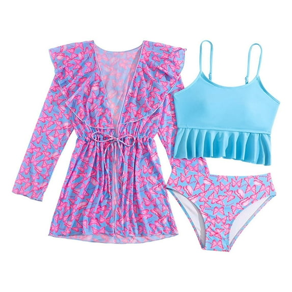 Youmylove Girls Swimsuit 3 Piece Tropical Print Bikini Set V-Neck Bathing Suit With Drawstring Cover Up Girls' Swimwear Sets Comfort Swimming Suit For 8-9 Years