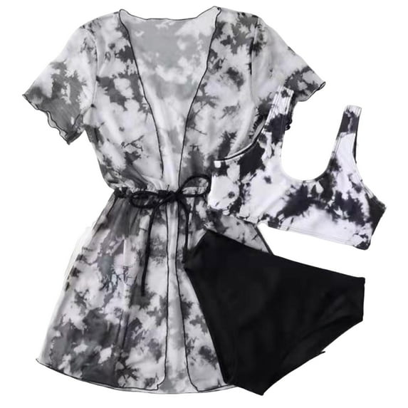 Youmylove Girls Swimsuit 3 Piece Tropical Print Bikini Set V-Neck Bathing Suit With Drawstring Cover Up Girls' Swimwear Sets Girls' Swimwear Swim Suit For 8-10 Years