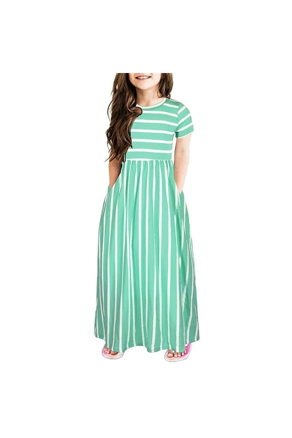 Girls Toddler Dress Striped Print Round Neck Short Sleeve Loose Long Casual With Pockets Spring Sundress Clothing