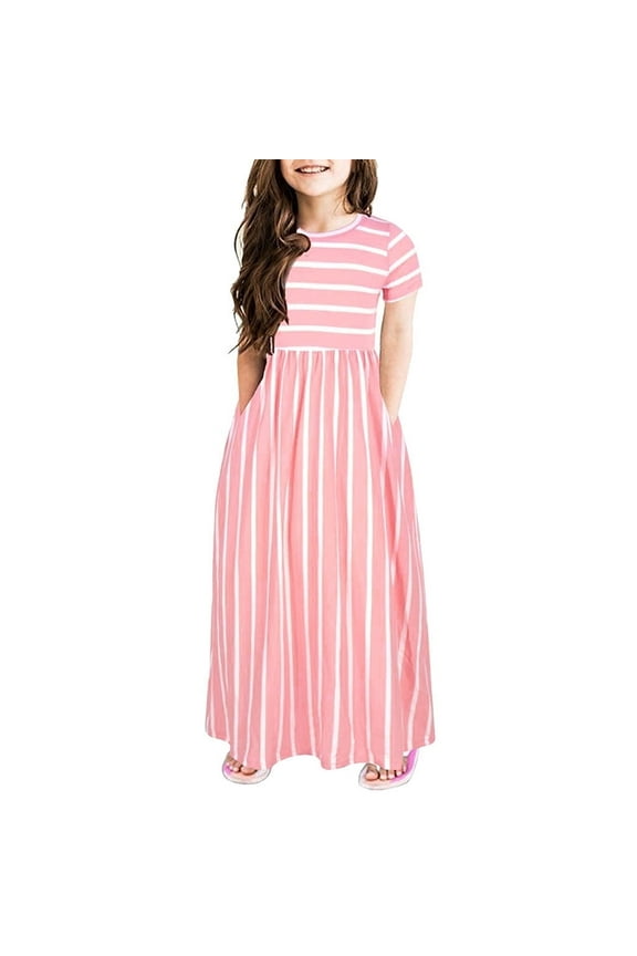 Girls Toddler Dress Striped Print Round Neck Short Sleeve Loose Long Casual With Pockets Spring Sundress Clothing