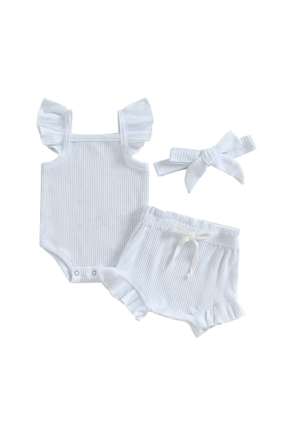 Baby Girl Summer Clothes Solid Color Ribbed Fly Sleeve Romper Tops + Ruffles Shorts + Headband Set Cute 3Pcs Outfits 3-6 Months