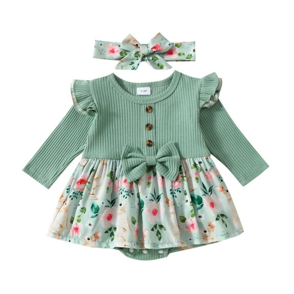 Youmylove Infant Girls Long Sleeve Easter Rabbit Printed Romper Newborn Ribbed Bodysuits Dress Headbands Set Child Dailywear