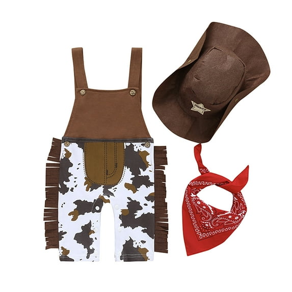 Youmylove Kid Boys Halloween Cowboy Clothes Set Baby Toddler Boy Cowgirl Western Sleeveless Jumpsuit Hat Scarf Set Crawling Suit 18-24 Months