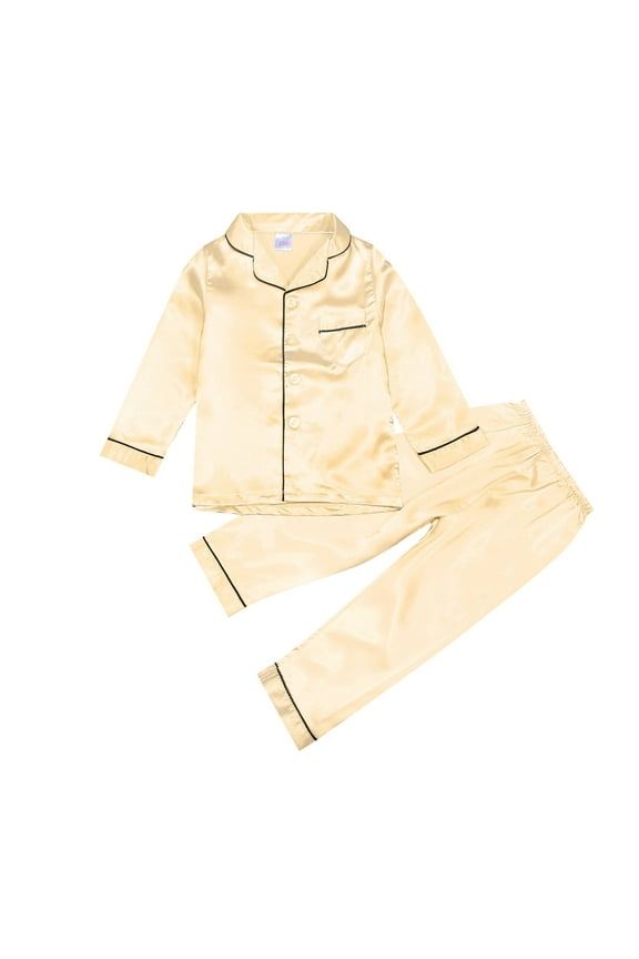 Kids Girl Boy Satin Pajamas Set Button Down Sleep Shirt Top Long Pants Bottoms Sleepwear Loungewear Clothes Stylish Toddler Child Outwear