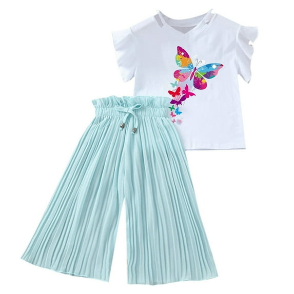 Youmylove Kids Girls Clothing Sets Summer Printed T Shirt Tops + Chiffon Ruched Loose Wide Leg Pants 2 Piece Outfits Soft Comfort Outfit For 10-12 Years