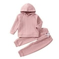 thumbnail image 1 of Youmylove Kids Pajamas Children Kid Toddler Baby Boys Girls Patchwork Long Sleeve Knit Hooded Sweatshirt Tops Solid Pants Trousers Sleepwear Pajamas Outfit Set 2Pcs Clothes, 1 of 7