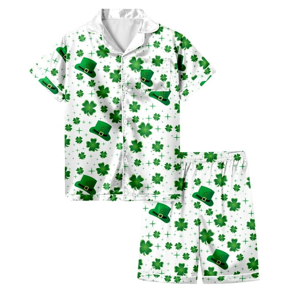 Youmylove Kids St. Patrick's Day Silk Pajamas Set Lucky Clover Printed Short Sleeve Shirts Top Pj Shorts Satin Nightgown Homewear Set 10-11 Years