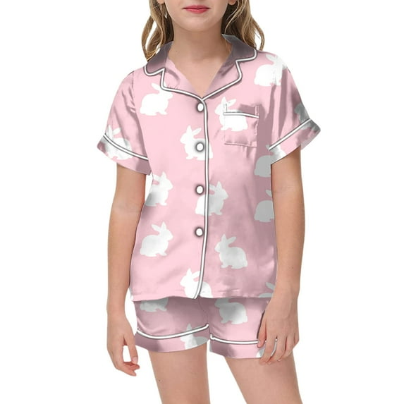 Youmylove Little & Big Girls Pajama Set Easter Bunny Printed Button Down Short Sleeved Shirts + Shorts Sleepwear Home Nightwear Set 4-5 Years