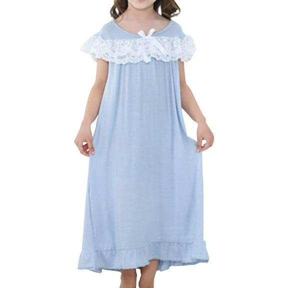 Youmylove Little Girls Big Girls Lace Shoulder Crew Neck Long Sleepwear Soft Pajama Dress Nightgowns Kids Nightwear Pjs Homewear