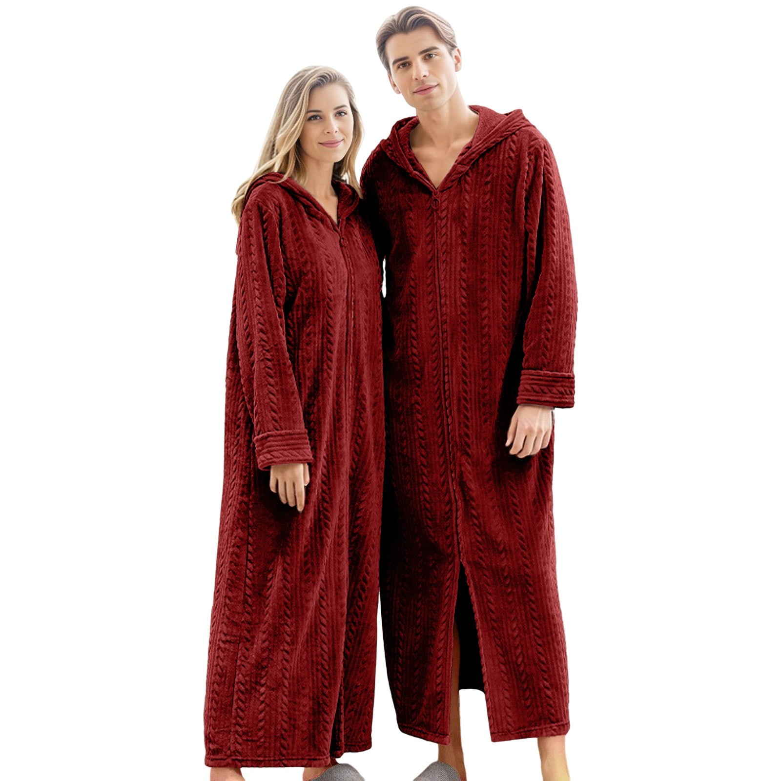 Youmylove Long Hooded Zipper Bathrobe For Lovers Flannel Robes Winter
