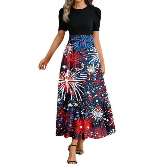 Youmylove Maxi Dresses for Women Independence Day Printed Large Swing Dress Summer Short Sleeve Casual Dresses Fashion Boho Sundress Long Beach