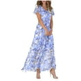 thumbnail image 1 of Youmylove Maxi Long Dresses for Women Elegant Swing Long Dress Chiffon Floral Short Sleeve Ruffle V Neck Fashion Waist Flowy Dress Trendy Easter Dresses, 1 of 5