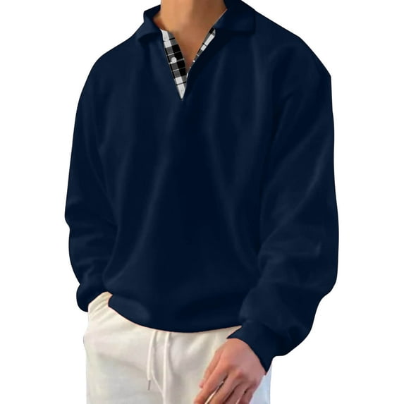 Youmylove Men Casual Plaid O-Neck Sweatshirt Long Sleeve Turn Down Collar Button Sweatshirt Pullover