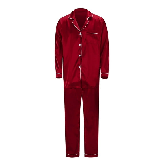 Youmylove Men Satin Silk Button Down Pajamas PJs Sets Solid Color 2PCS Family Matching Sleepwear Loungewear Long Sleeve Silky Nightwear For Men Red1