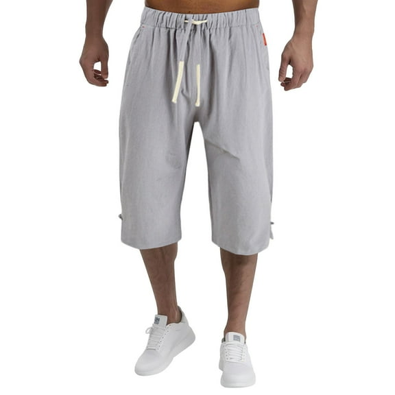 Youmylove Men's Capri Pants Summer Casual Shorts Solid Color Cropped Pants Baggy Harem Drawstring Beach Pants Trousers Leisure Joggers Pants
