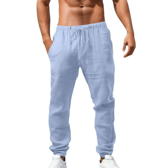 Youmylove Men's Casual Pants Lightweight Breathable Stretch Pants Summer Relax Fit Drawstring Elastic Waist Linen Beach Pants Relaxed Fit Work Pants