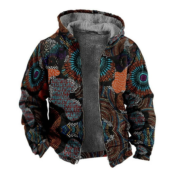 Youmylove Men's Thickened Winter Coat New Printed Fashion Loose Casual Vintage Hooded Zipper Quilted Jacket Winter Coat with Sherpa Fleece Lined