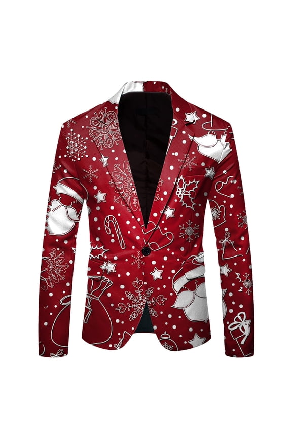 Mens Casual Sport Coats Blazers Men Christmas Snowflake Santa Printed Pocket Lapel Button Suit Daily Blazer Business Suit Coat Tops