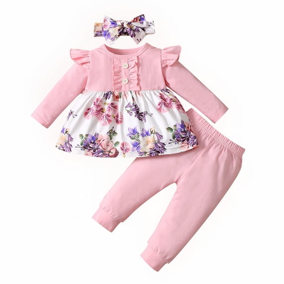 Youmylove Pres Long Sleeve Skirt Set Headwear Flower Print Fashion Children'S Set Suitable For 3 To 24 Months Of Age Toddler Girl Clothes