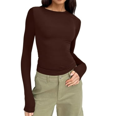 Youmylove Soft Thermal Undershirts Tee For Women Long Sleeve Round Neck Crop Top Tee Shirt Solid Color Slim Fit Workout Yoga Basic Shirt Comfy Base Layer Soft Stretch Undershirts