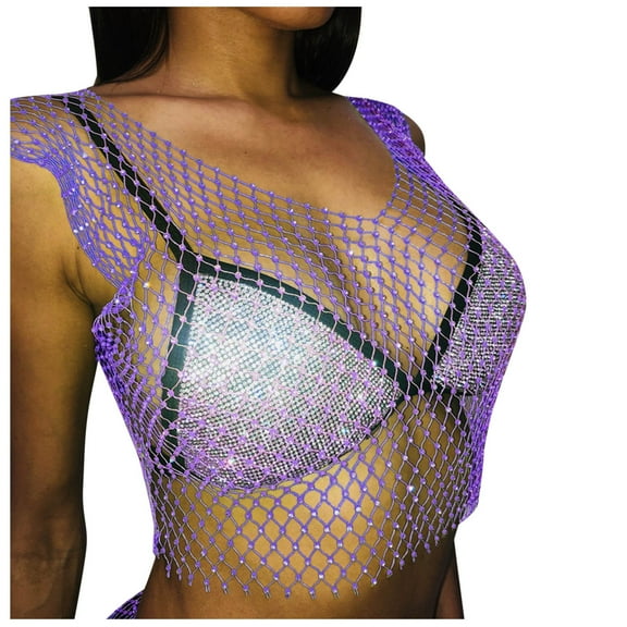 Youmylove Soft Womens Tops Sexy Rhinestone Mesh Tank Tops See Through Crop Top Ribbed Fitted Tank Top