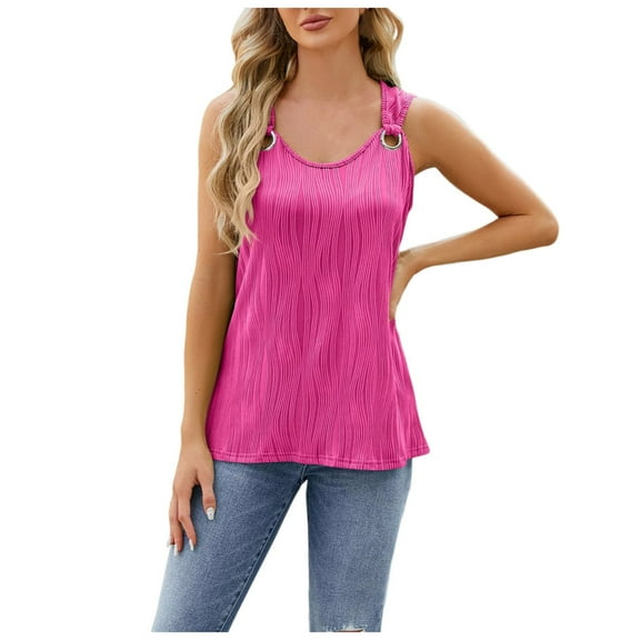 Youmylove Soft Womens Tops Summer Solid Color Round Neck Sleeveless Shirt Metal Button Vest Beach Vacation Shirts