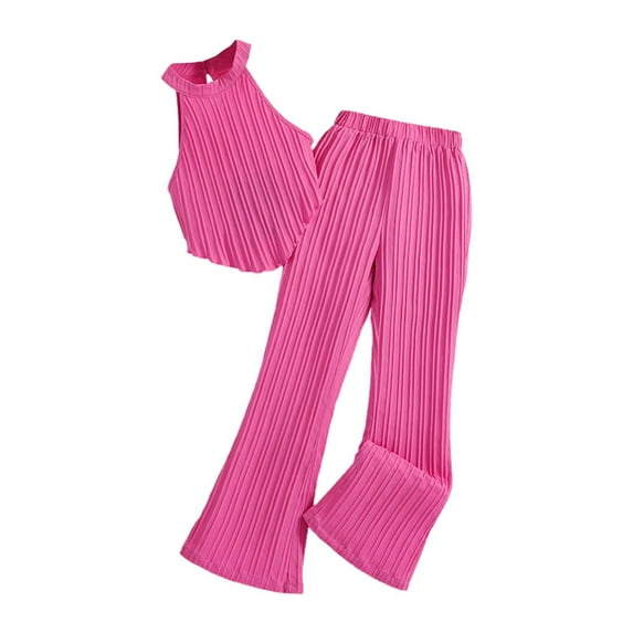 Youmylove Stylish Girls Clothes Summer Halter Neck Ruffle Sleeveless Top Fashion Cute Flared Pants Two Piece Outfit Set Loungwear Casual Set For 9-10 Years