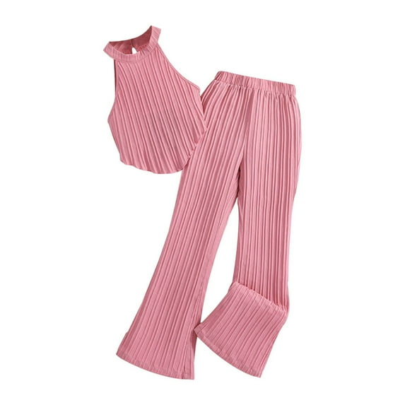 Youmylove Stylish Girls Clothes Summer Halter Neck Ruffle Sleeveless Top Fashion Cute Flared Pants Two Piece Outfit Set Trendy Outfit Dailywear For 11-12 Years