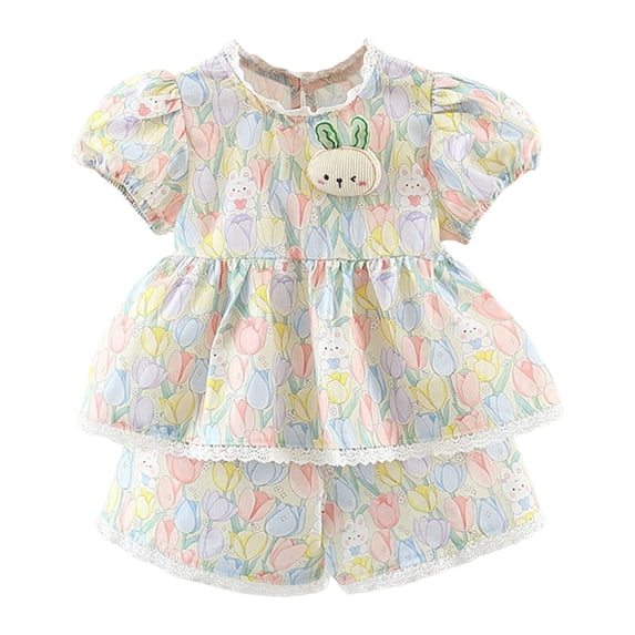 Youmylove Summer Toddler Girls Short Sleeve Cartoon Rabbit Floral Prints Tops Shorts Two Piece Outfits Set For Kids Clothes Toddler Girl Clothes