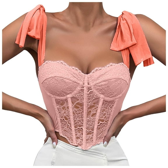 Youmylove Summer Women's Tops Floral Lace Cami Crop Top Sheer Mesh Corset Bustier Boned Overbust Corset Bodyshaper Lingerie Top Trendy Vacation Clothes