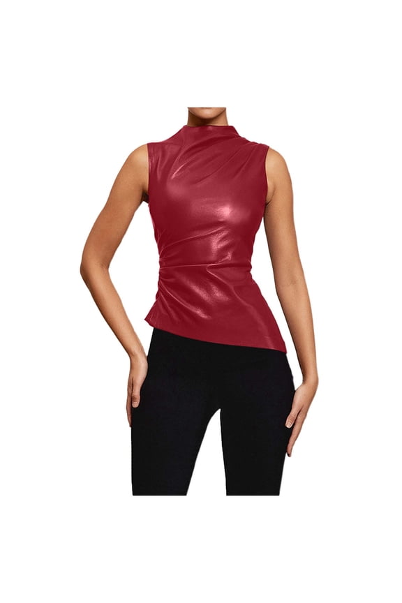 Summer Women's Tops Solid Color Leather Peplum Waist Sleeveless Top Vest – Asymmetrical Basic Tight T Shirts