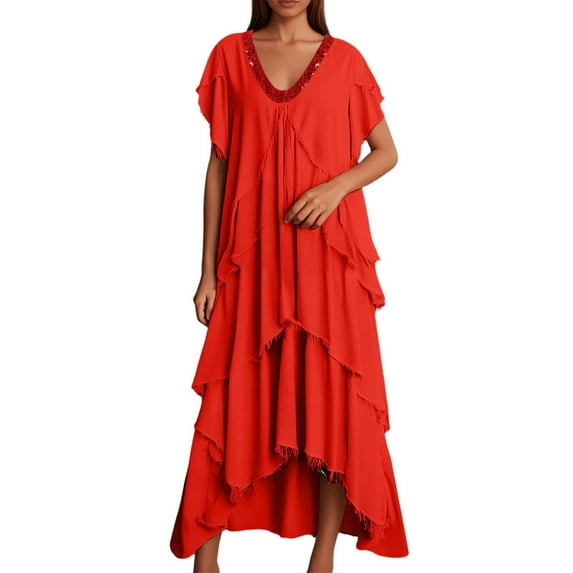 Youmylove Sundresses for Women 2025 Women Casual Solid Dress Short Sleeve V Neck Sequin Splice Dress Slim Irregular Dress Beach Vacation Tank Dress