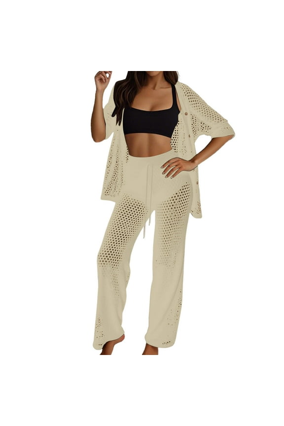 Swimsuit Coverup for Women 2 Piece Crochet Outfits Hollow Out Swimsuit Button Up Tops Wide Leg Pants Beach Sets Women Bathing Suit Cover Up