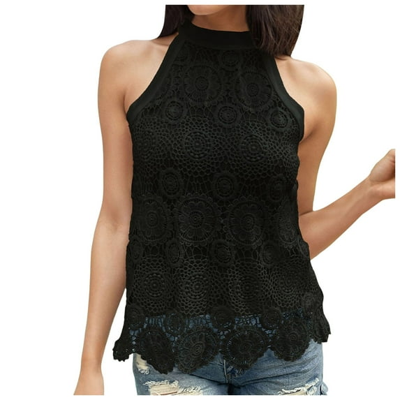 Youmylove Tank Tops for Women Sleeveless Tops Lace Neck Blouse Solid Lace Crew Neck Tank Top Casual Trendy Tops