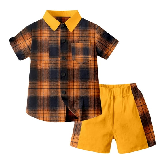 Youmylove Toddler Boys Summer Outfits Casual Short Sleeve Button Down Plaid Shirt Tops Shorts Set Kids Gentleman Outfits Little Boys Clothing Sets 8-9 Years