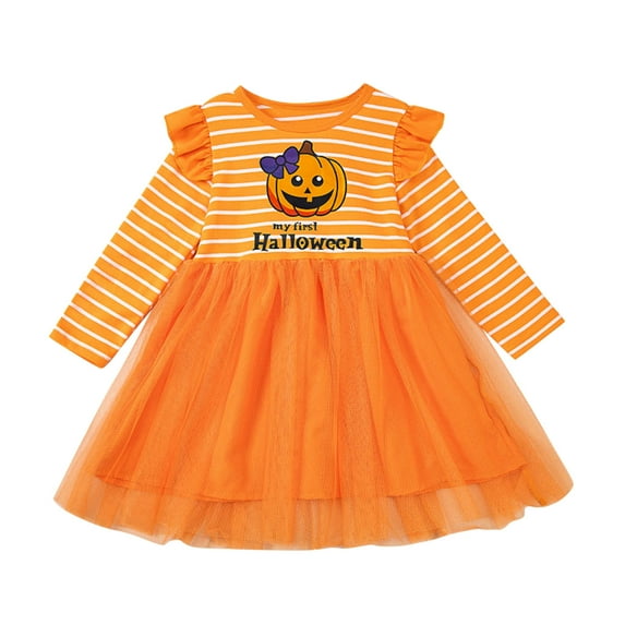 Youmylove Toddler Girls Letters Cartoon Pumpkin Printing Flying Sleeve Long Sleeve Stripe Tulle Dress Princess Dress Children Baby Clothes Versatile Sundress
