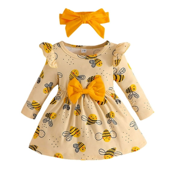 Youmylove Toddler Girls Long Sleeve Dress Cartoon Printed Princess Dresses Headbands Set Outdoor Dailywear