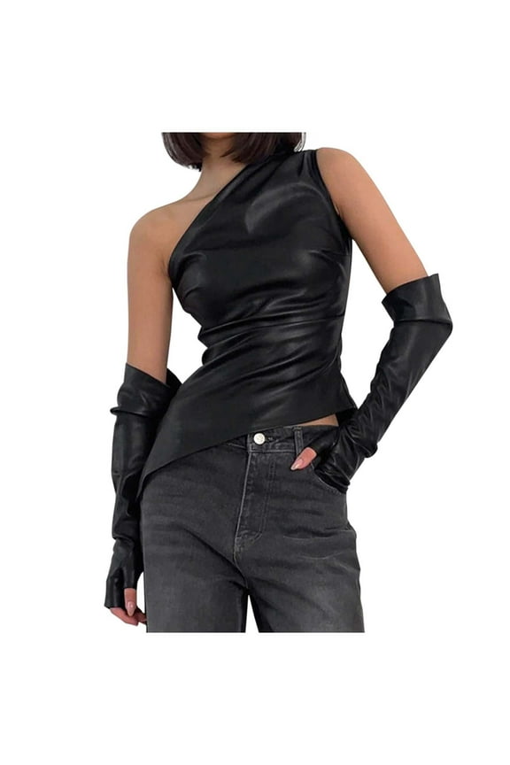 Tops For Women Solid Color Streetwear Sleeveless Asymmetrical Neck Pu Leather Tank Top With Arm Warmers Slim Versatile Outfits