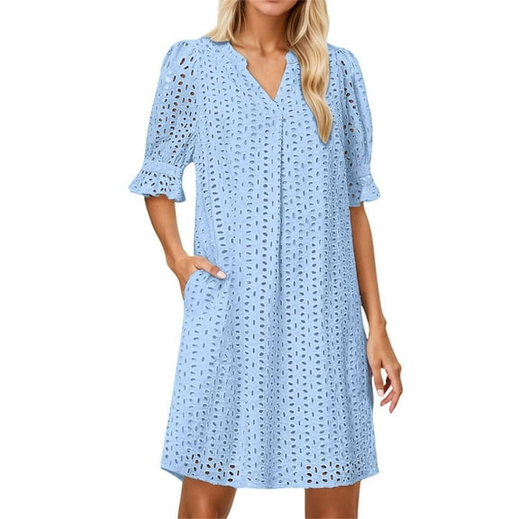 Youmylove Trendy Women Casual Sundress Women's 2025 Summer Short Sleeve Mini Dress V Neck Ruffle Hollow Out Eyelet Lace Dresses Beach Swing Maxi Sundress
