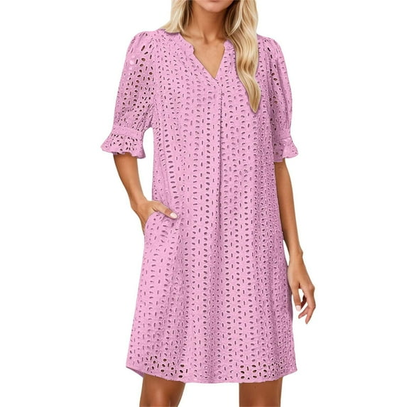 Youmylove Trendy Women Casual Sundress Women's 2025 Summer Short Sleeve Mini Dress V Neck Ruffle Hollow Out Eyelet Lace Dresses Beach Vacation Clothes