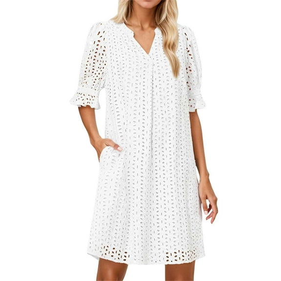 Youmylove Trendy Women Casual Sundress Women's 2025 Summer Short Sleeve Mini Dress V Neck Ruffle Hollow Out Eyelet Lace Dresses Loose Swing Sundresses