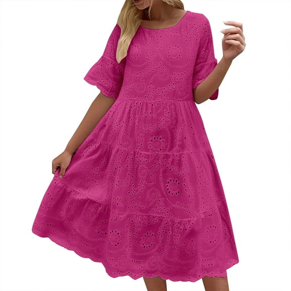 Youmylove Trendy Womens Summer Dress Women's New Mid Length Dress Lace Jacquard Hollow Out Slim V Neck Large Women's Dress Beach Hawaiian